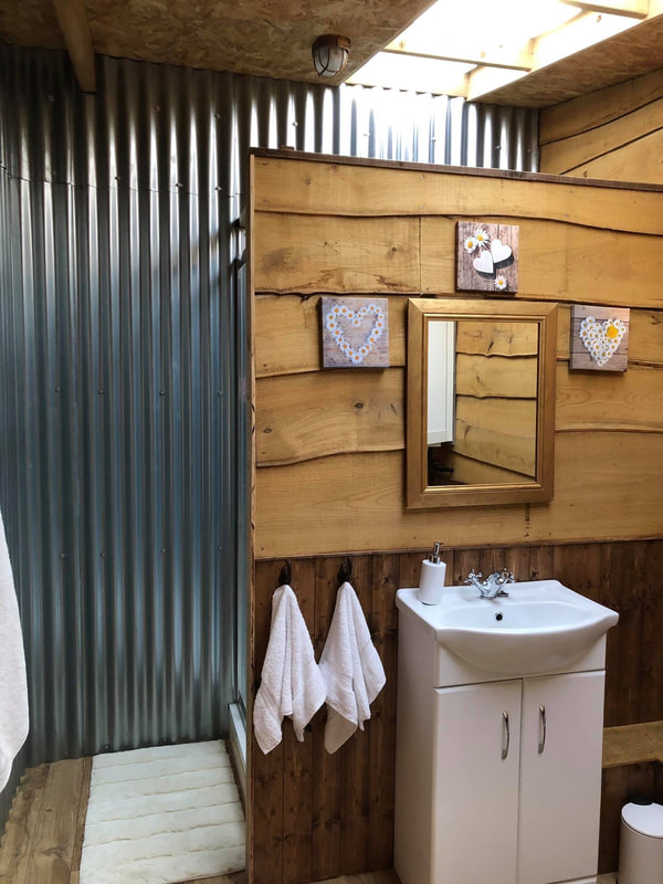 Charming, rustic shower room at Daisy Cabin 