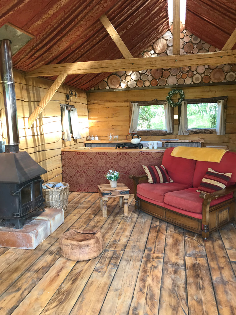Comfortable seating and wood burning stove in main living space at Daisy Cabin 